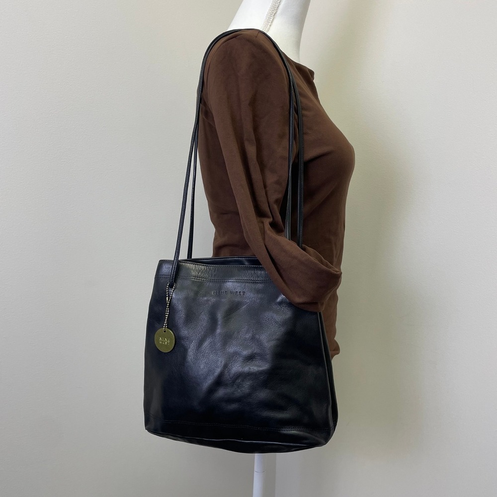 Vintage Nine West Black Genuine Leather Shoulder Bag Tote Dual Strap Minimalist